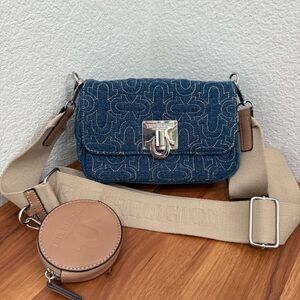 TRUE RELIGION Denim Quilted Horseshoe Wide Strap Coin Purse Flap Crossbody Bag